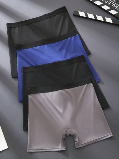 HIALEGION 4 قطع سروال داخلي للرجال أسود بألوان صلبة مريح سوربان طويل الساق، شورت رياضي مطاطي سريع الجفاف، سروال داخلي كاجوال عصري للرجال