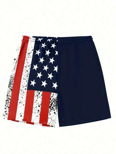 شورتات رجالية بجيوب بنمط علم، قصيرة صيفية كاجوال بخصر مطاطي وحبل سحب للخارج والبحر والسباحة، نمط هاواي