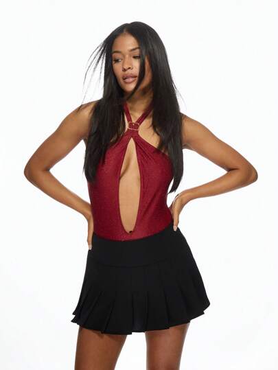 مايوه حريمي قطعة واحدة MISSGUIDED بكيني قطعة واحدة بتصميم شريحة العنق المتلألئ مع تفاصيل فتحة المفتاح وياقة عميقة مناسب للاستخدام في الحفلات والشاطئ والعطلات الصيفية والاستحمام