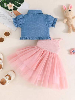 فساتين بيبي مجموعة فتاة الطفل تتكون من 2 قطعة جاكيت قصير بياقة الرقبة المجعدة والنقاط والتنورة المنتفخة المزينة بالعقدة من التل