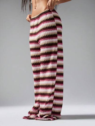MISSGUIDED بنطلون الشاطئ المصمم بتصميم الزجزاج من الكروشيه، بنطال فضفاض على الساقين أسلوب بوهيمي للمهرجانات، لارتداء في العطلات والإجازات الصيفية، ملابس منزلية بطراز عتيق