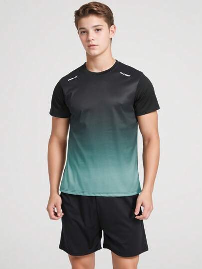 ملابس رياضية أطفال طقم رياضي للصبية المراهقين 2 قطعة، يتضمن تي شيرت شبكي خفيف الوزن بتدرج ألوان وشورت رياضي/للركض، مناسب للكرة السلة وكرة القدم