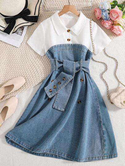 تيشيرتات بناتي فستان دنيم مفصل من قطعتين للمراهقات