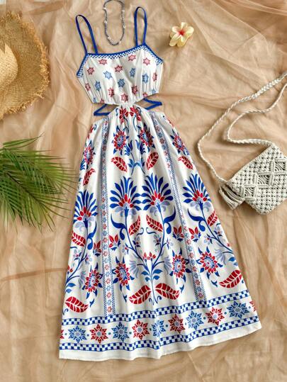 Soleia فستان عطلة منتصف الطول بياقة على شكل v وظهر مكشوف ومزين بربطة أمامية وطباعة