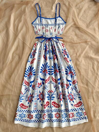 Soleia فستان عطلة منتصف الطول بياقة على شكل v وظهر مكشوف ومزين بربطة أمامية وطباعة