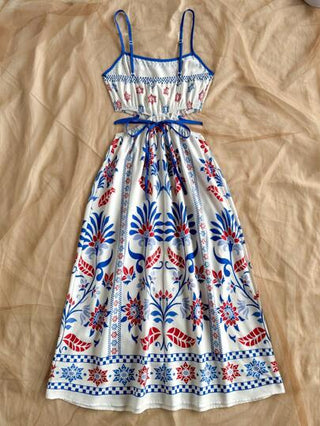 Soleia فستان عطلة منتصف الطول بياقة على شكل v وظهر مكشوف ومزين بربطة أمامية وطباعة