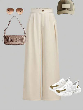 بنطلون فتاة ذو خصر مرتفع وساق واسعة ، بنطلون أنيق