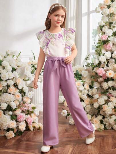 تيشيرتات بناتي Lunivi مجموعة من 2 قطعة قميص أرجواني بياقة مكورة مع بنطال طويل ملائم لفتيات المراهقات، زي صيفي للعطلات