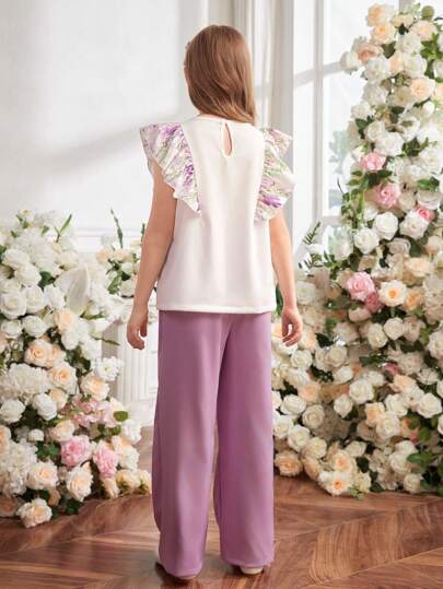 تيشيرتات بناتي Lunivi مجموعة من 2 قطعة قميص أرجواني بياقة مكورة مع بنطال طويل ملائم لفتيات المراهقات، زي صيفي للعطلات