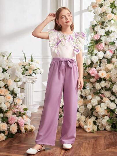 تيشيرتات بناتي Lunivi مجموعة من 2 قطعة قميص أرجواني بياقة مكورة مع بنطال طويل ملائم لفتيات المراهقات، زي صيفي للعطلات