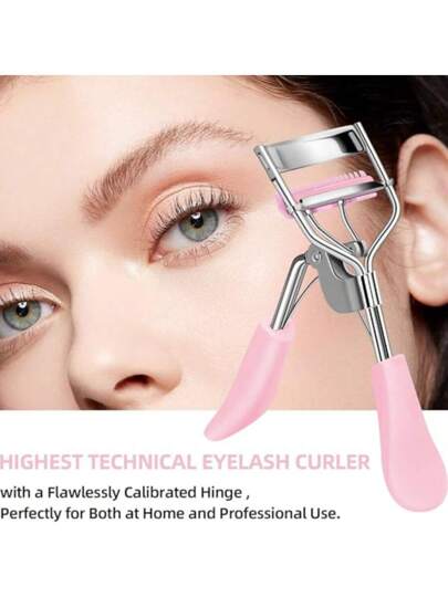 واقي الرموش من الستانلس ستيل الوردي القطعة الواحدة ذو وسادة سيليكونية لتجعيد وتنعيم الرموش دون إيذاء مع مشط، يمنح المظهر الكبير والمثير للعيون، مناسب لرموش النساء