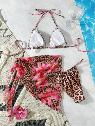 Swim مجموعة 3 قطع من ملابس السباحة للنساء بنقشة الفهد والخبازية، ملابس سباحة للاصطياف مثيرة بقطعتين وأعلى مثلث والأشرطة المزينة