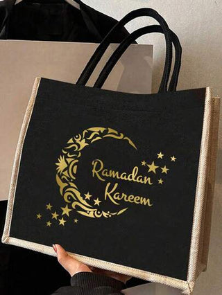 حقيبة كتف من الكتان بموضوع رمضان المبارك، تتضمن حقيبة طباعة بعبارة "رمضان كريم"، وحقيبة صغيرة مطبوعة، بنمط نجوم وهلال، نجوم وهلال، هدايا رمضان، حقيبة كتف كتان كبيرة السعة للنساء