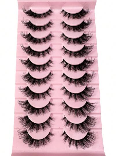 10 أزواج رموش مانغا مقلدة من الفرو الطبيعي بنمط عين القطة المحجم ، رموش كاملة مصنعة ، إكسسوارات ضرورية للسفر والمكياج