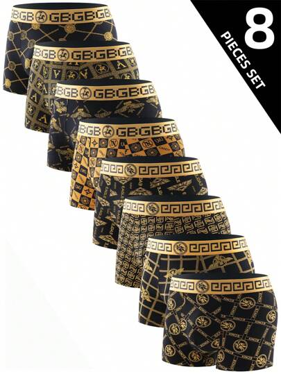 8 قطعة ملاخط سراويل داخلية سوداء وذهبية فاخرة للرجال ذات الخصر المنخفض، قصيرة مريحة ومرنة وقابلة للتهوية للاستخدام اليومي والرياضة