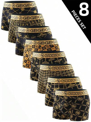 8 قطعة ملاخط سراويل داخلية سوداء وذهبية فاخرة للرجال ذات الخصر المنخفض، قصيرة مريحة ومرنة وقابلة للتهوية للاستخدام اليومي والرياضة