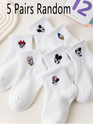 Disney 5 أزواج جوارب أطفال من ديزني، مطرزة برسوم الشخصيات الكرتونية الماوس وميني ماوس ودونالد دك وديزي دك، جوارب بيضاء أساسية جميلة وممتعة مصنوعة من أقمشة عالية الجودة، قابلة للتنفس ومريحة للارتداء اليومي، نمط عشوائي