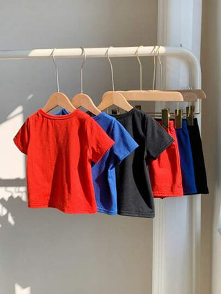 حزمة 6 قطع للأطفال الصبيان/البنات طبعة وجه ابتسامة محبوكة بأكمام قصيرة رقبة مدورة وتنورة خصر مطاطي