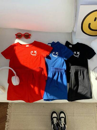 حزمة 6 قطع للأطفال الصبيان/البنات طبعة وجه ابتسامة محبوكة بأكمام قصيرة رقبة مدورة وتنورة خصر مطاطي