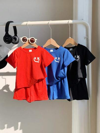 حزمة 6 قطع للأطفال الصبيان/البنات طبعة وجه ابتسامة محبوكة بأكمام قصيرة رقبة مدورة وتنورة خصر مطاطي