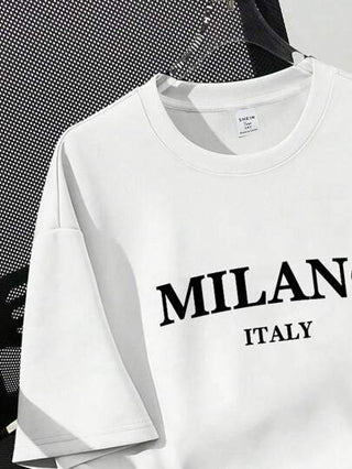 EZwear تي شيرت نساء بأكمام قصيرة طاقم رقبة فضفاض ذو طبعة بتصميم ميلانو بسيط عادي، مناسب للصيف