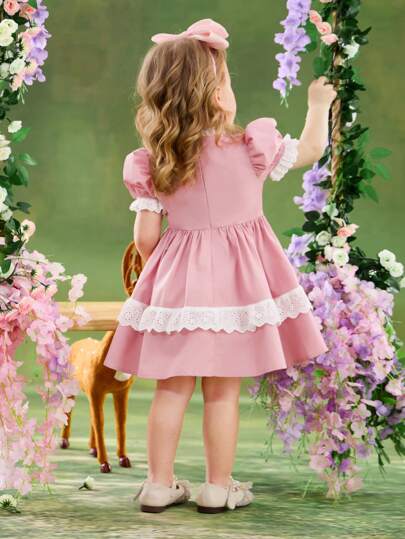 فساتين بيبي فستان مطابق مزين بكشكشة وأكمام منتفخة للبنات الرضع