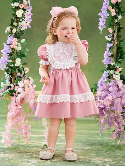 فساتين بيبي فستان مطابق مزين بكشكشة وأكمام منتفخة للبنات الرضع