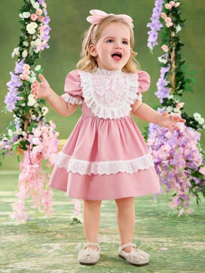 فساتين بيبي فستان مطابق مزين بكشكشة وأكمام منتفخة للبنات الرضع