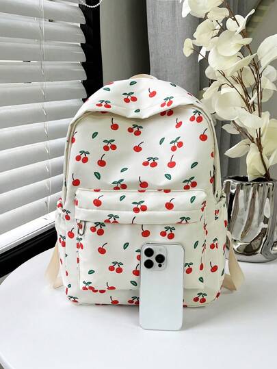 قطعة واحدة حقيبة ظهر نسائية صيفية ذات تصميم كلاسيكي أنيق بطبعة الكرز، سعة كبيرة متعددة الجيوب مناسبة للمدرسة والطلاب والذهاب للعمل