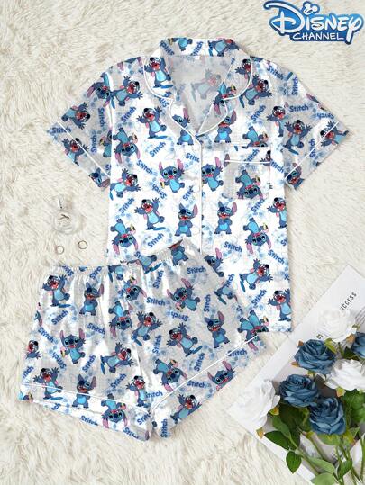 مايوه حريمي قطعة واحدة Disney طقم بيجامة للنساء مكون من ملابس علوية ذات أكمام قصيرة وبها أزرار وشورت، بنمط كرتوني من ديزني