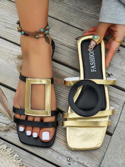 صندل نسائي كاجوال بنعل مربع هندسي مسطح، للصيف والأنشطة الخارجية والعطلات، صنادل كاجوال وعصرية