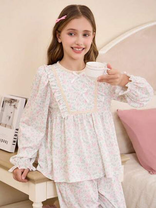 بيجاما مجموعة بيجاما لفتاة المراهقة مكونة من 2 قطعة، بتصميم رقبة دائرية وكم طويل وفضفاض، بطراز أميري، مجموعة بيجاما كاجوال مطبوعة بزهور صغيرة للأسرة في رمضان، متطابقة للأشقاء (يُباع كل مجموعة بشكل منفصل)