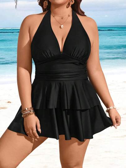 Swim Lushoire فستان سباحة للنساء من نمط المنتجع بلون واحد وطبقات متعددة السحابات، وحواف سحابة للحجم الكبير، للاستخدام في الشاطئ والأجازات الصيفية