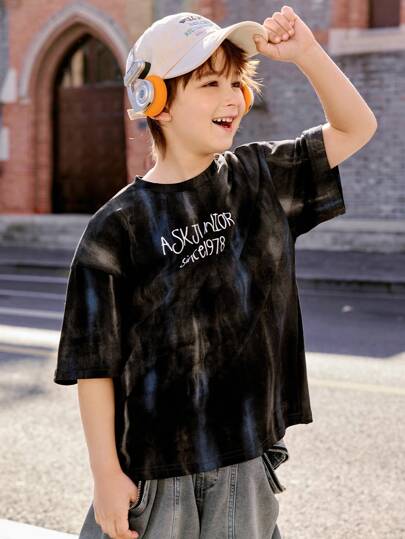 ASK JUNIOR تي شيرت تي شيرت أكمام قصيرة تويني للأولاد مطبوع رش ملون، قماش مضفر لاسلكي