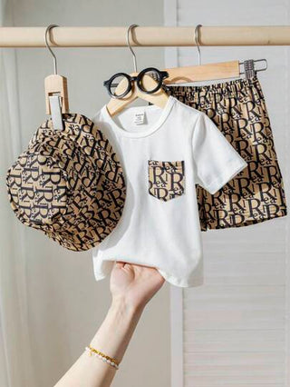 طقم من 3 قطع لطفل صبي: تيشيرت ملفوف بالكامل كروشيه، شورت وقبعة