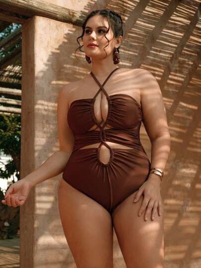 SHEIN Swim Chicsea بالإضافة إلى 1 قطعة ملابس سباحة نسائية أنيقة من نوع القطعة الواحدة ذات اللون الأحادي اللامع، بحزام قابل للتعديل، مناسبة لأجواء الصيف والعطلات الشاطئية