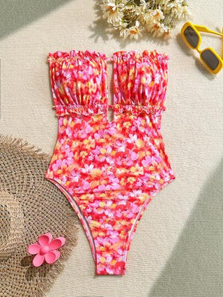 مايوه حريمي قطعة واحدة Soleia بدلة سباحة نسائية من قطعة واحدة ذات طبعة زهرية رقيقة بدون أكتاف وتطريز كشكشة وظهر مفتوح وربطة خلفية، لحفلات عيد الحب، ملابس سباحة نسائية، ملابس عيد الحب، ملابس للعطلات على الشاطئ، ملابس شاطئية صيفية للنساء