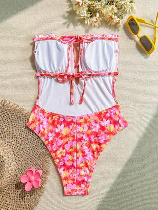 مايوه حريمي قطعة واحدة Soleia بدلة سباحة نسائية من قطعة واحدة ذات طبعة زهرية رقيقة بدون أكتاف وتطريز كشكشة وظهر مفتوح وربطة خلفية، لحفلات عيد الحب، ملابس سباحة نسائية، ملابس عيد الحب، ملابس للعطلات على الشاطئ، ملابس شاطئية صيفية للنساء