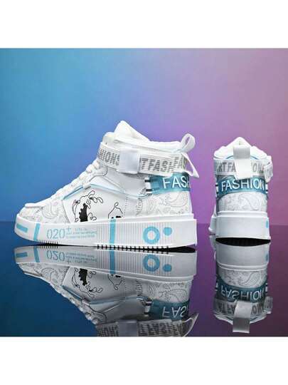 أحذية رياضية للرجال، أحذية كاجوال بيضاء،أحذية رجالية مطبوعة بطباعات جرافيتي شخصية للمراهقين، طباعات عشوائية