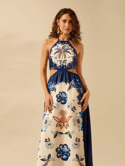 أثاث مكتبي CAJUNI فستان ماكسي متدلي مطبوع بالأزهار مقطع على الخصر