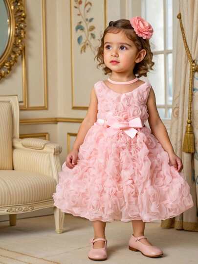 فساتين بيبي فستان بنات طويل أنيق، بتصميم ازهار ثلاثية الأبعاد وتصميم كتفي، ياقة على شكل V مزين بفيونكة،ملائم للخروجات والأعياد