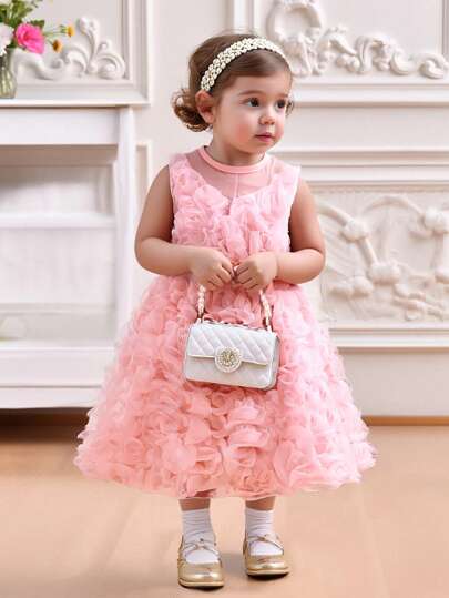 فساتين بيبي فستان بنات طويل أنيق، بتصميم ازهار ثلاثية الأبعاد وتصميم كتفي، ياقة على شكل V مزين بفيونكة،ملائم للخروجات والأعياد