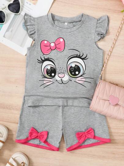 طقم كاجوال 2 قطعة - ملابس علوية بلا أكمام بطباعة عيون كبيرة للفتاة الصغيرة + شورت متماسك لون واحد بفيونكة، ربيع/صيف