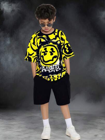 ملابس رياضية أطفال مجموعة من قطعتين ب- تي شيرت وبنطلون للأولاد المراهقين، بطباعة جرافيك رسوميات ذي ألوان المربع الساحر، مناسب للتنقل والمدرسة واليومي والرياضة للربيع/الصيف