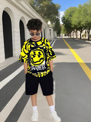 ملابس رياضية أطفال مجموعة من قطعتين ب- تي شيرت وبنطلون للأولاد المراهقين، بطباعة جرافيك رسوميات ذي ألوان المربع الساحر، مناسب للتنقل والمدرسة واليومي والرياضة للربيع/الصيف