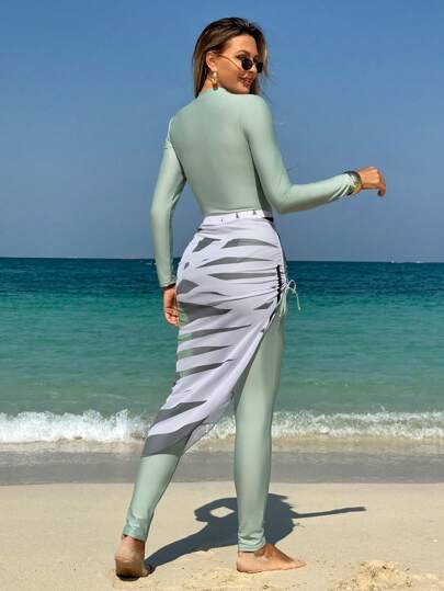 Swim Shayni مجموعة بوركيني زيبر بلون سادة للنساء، كم طويل، كاجوال، ملابس سباحة اليومية