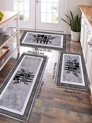 1 قطعة سجادة أرضية حديثة رمادية اللون مطبوع عليها أشكال أدوات المطبخ، سجادة ممتصة للماء ناعمة الملمس وغير قابلة للإنزلاق مناسبة للمطبخ والمطعم وغرفة المعيشة