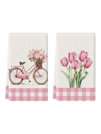 زوج مناشف زخرفية ذات نمط زهور الربيع للمطبخ، مناشف يد للحمام، قطع قماش الصحون، ديكور للمطبخ وطاولة الطعام والديكور الموسمي للمنزل والحفلات الداخلية/الخارجية، مناسبة للديكور اليومي للمطبخ وزينة الأعياد