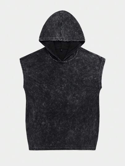 مجموعة من 2 قطعة ملابس علوية كاجوال بغطاء للرأس و صدرية بلا أكمام مع شورت أسود مكسو تأثير بالغسل والتمزيق، لارتداء الربيع والصيف، ملابس الشارع