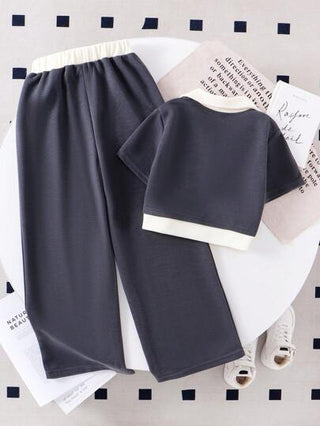 تيشيرتات بناتي Genkimix Kids ملابس علوية قصيرة رمادية مقترنة مع بنطال طويل كاجوال للمراهقات